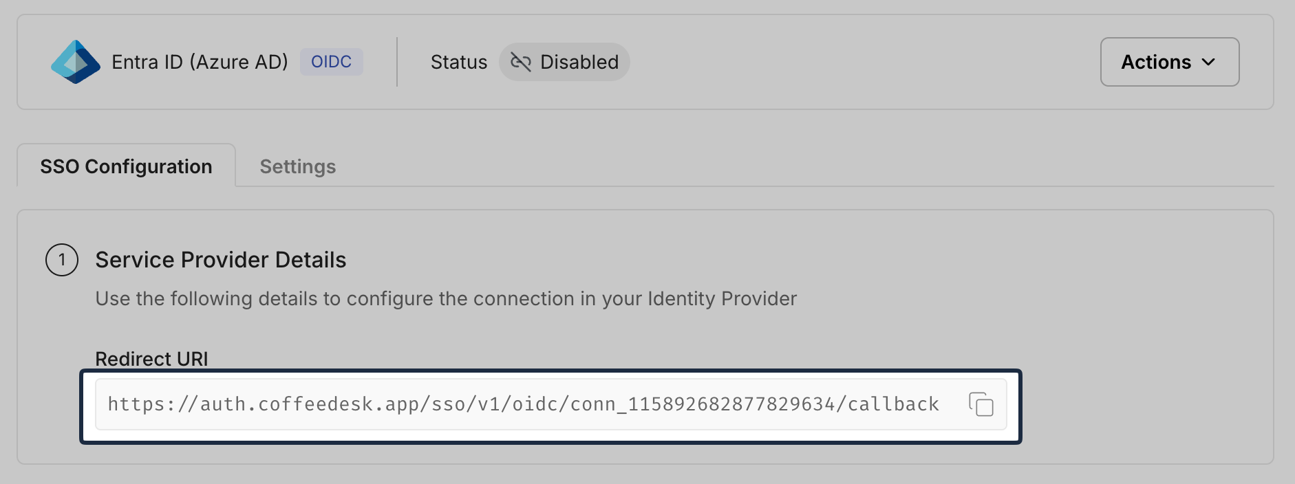SSO Configuration Portal showing the Redirect URI in Service Provider Details
