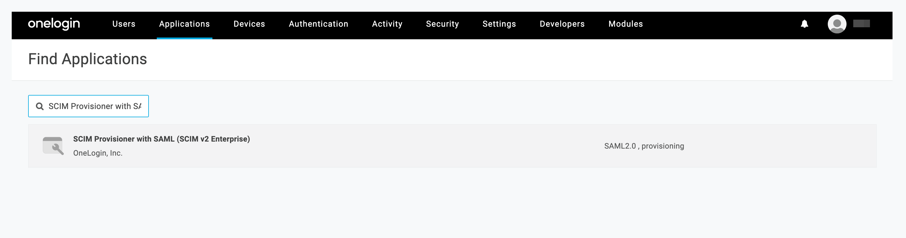 OneLogin application search results for "SCIM Provisioner with SAML" displaying SCIM v2 Enterprise option.
