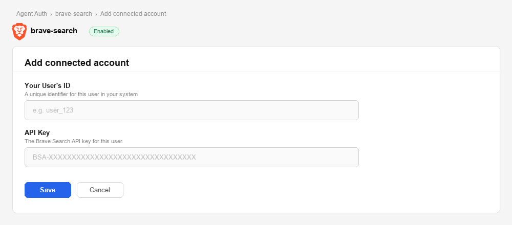 Add connected account form for Brave Search in Scalekit dashboard showing User ID and API Key fields