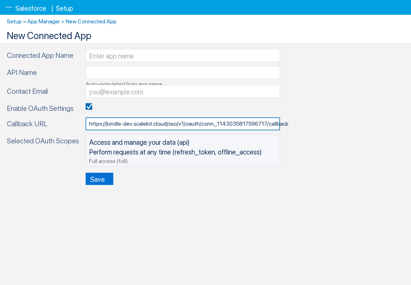 New Connected App form in Salesforce