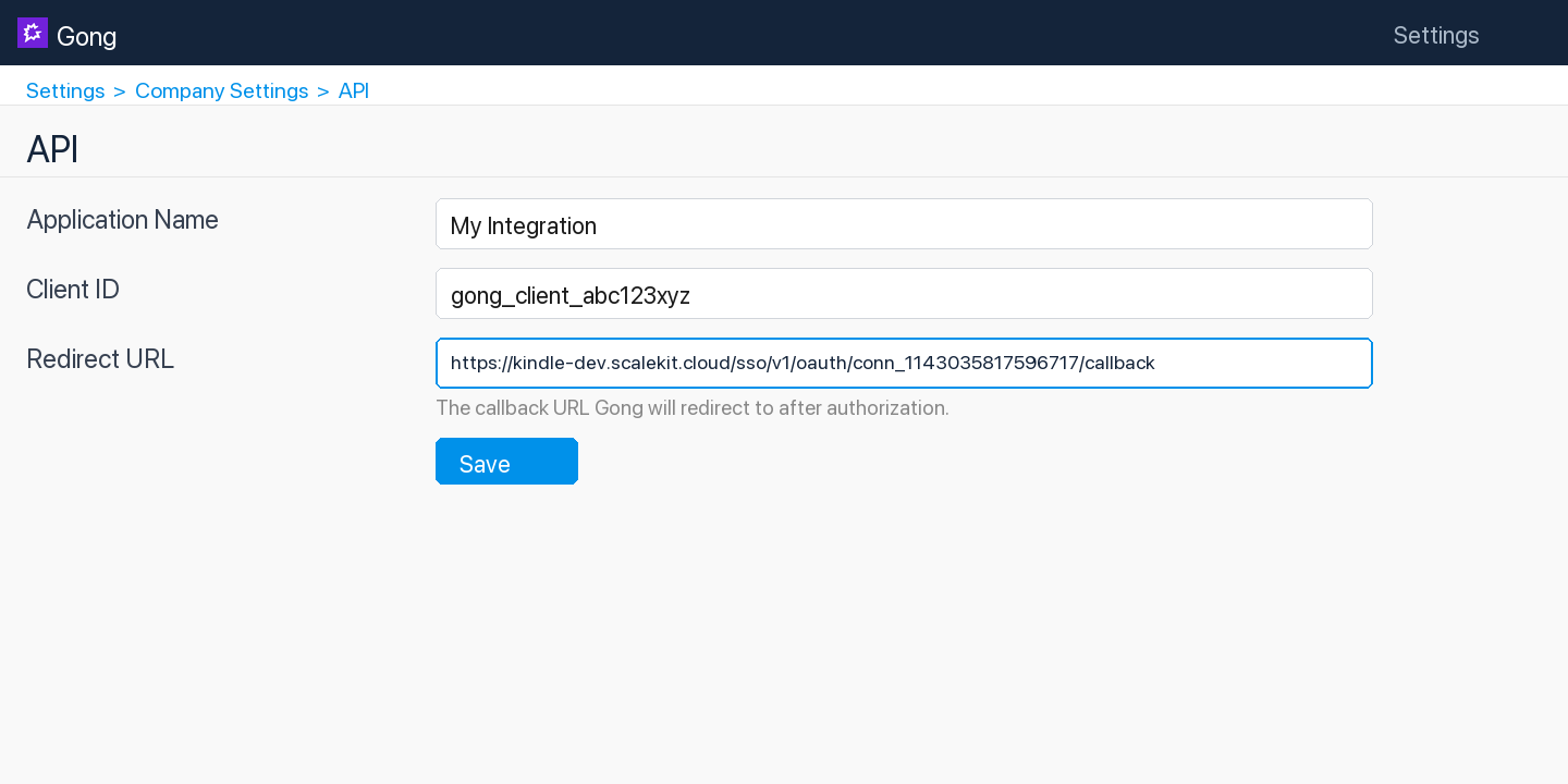 Add redirect URL in Gong Developer Portal