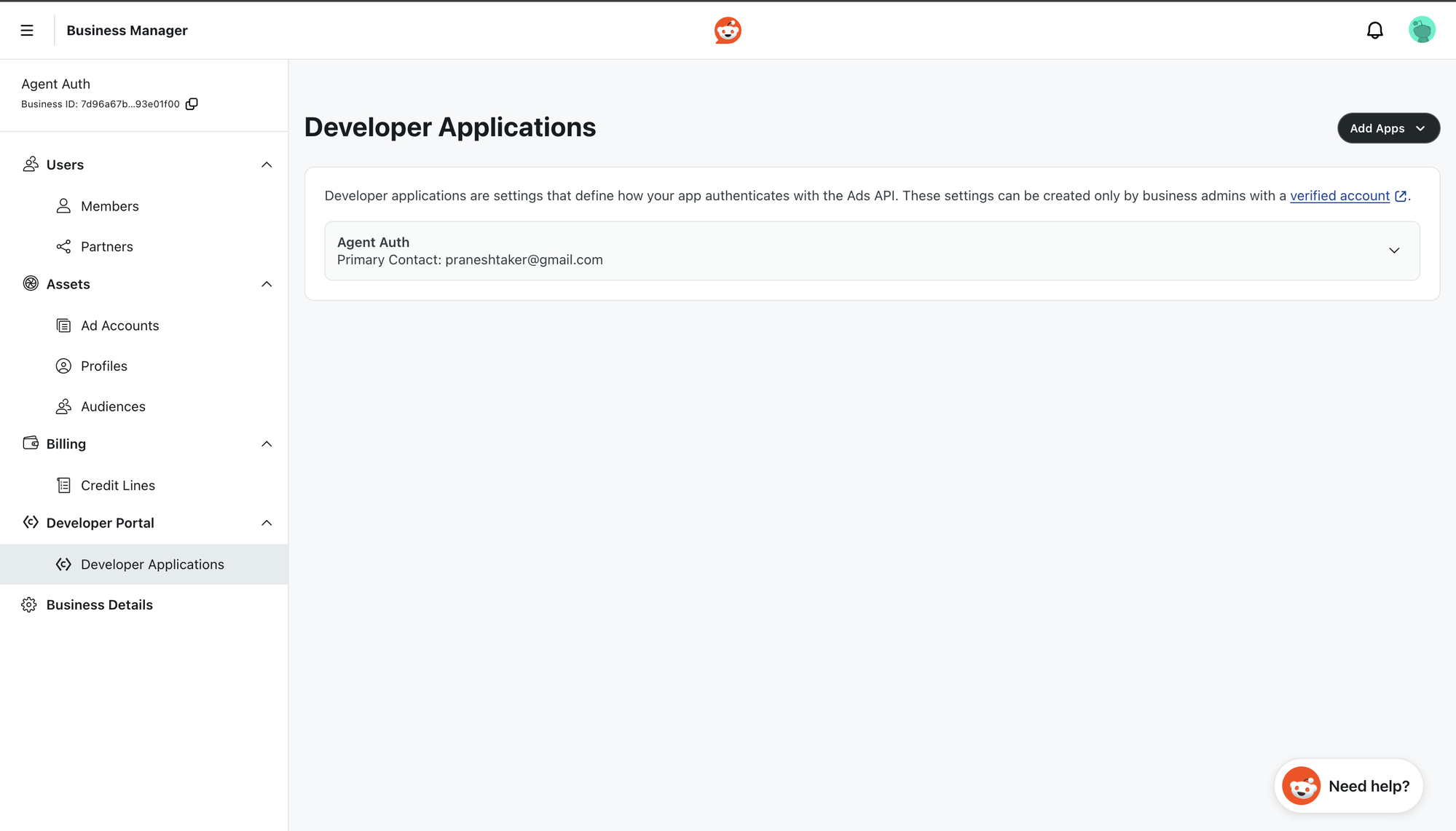 Reddit Business Manager Developer Applications page showing the saved app collapsed in the list