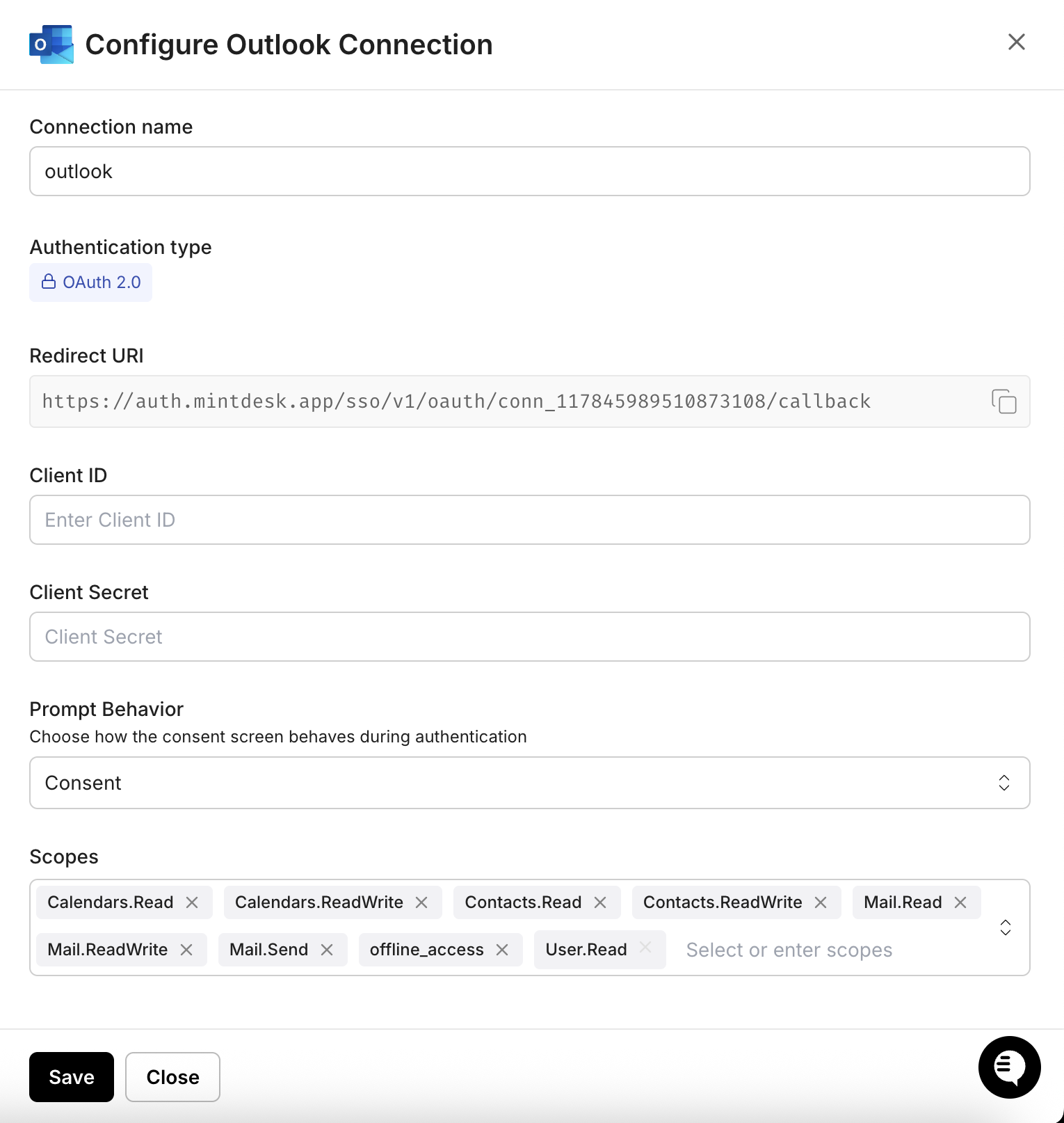 Copy the redirect URI from the Configure Outlook Connection dialog