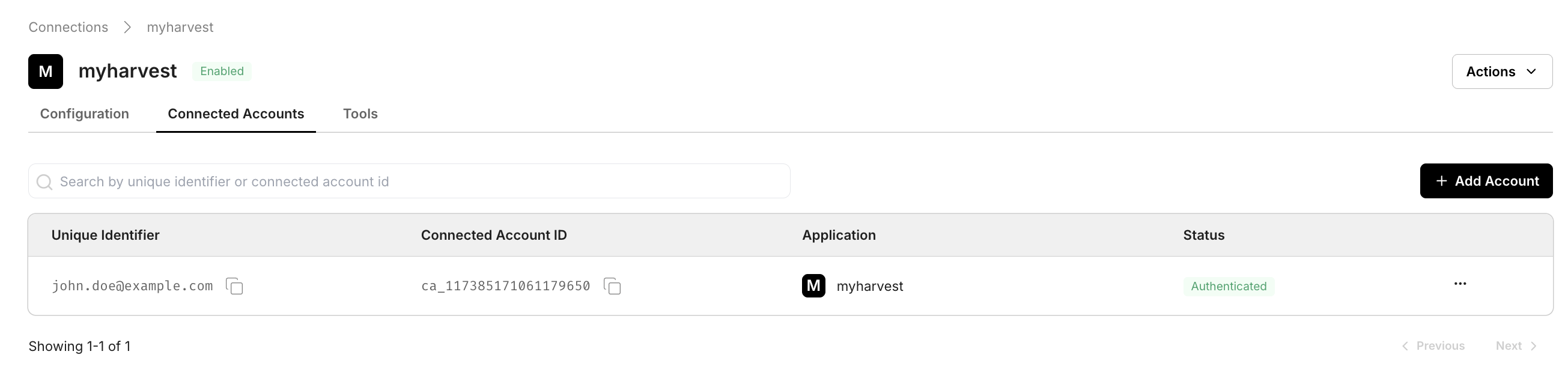 Connected Accounts tab showing an authenticated account for a custom provider