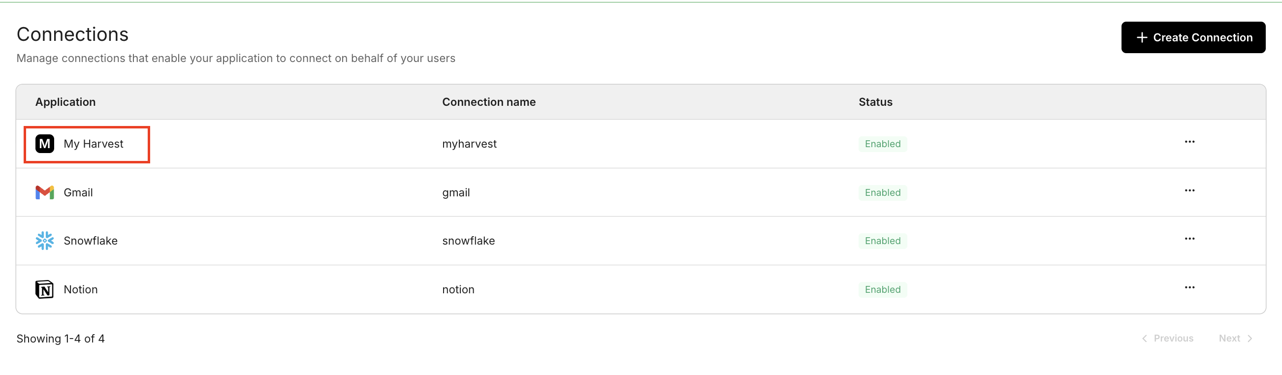 Connections page showing a custom provider connection alongside built-in providers