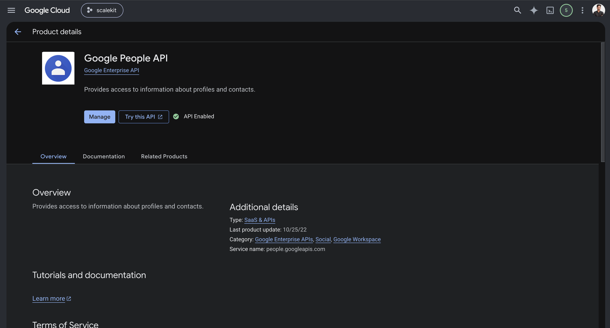 Google People API product page showing the Enable button and API Enabled status