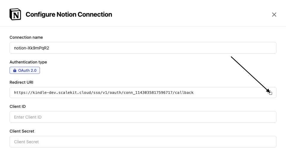 Copy redirect URI from Scalekit dashboard