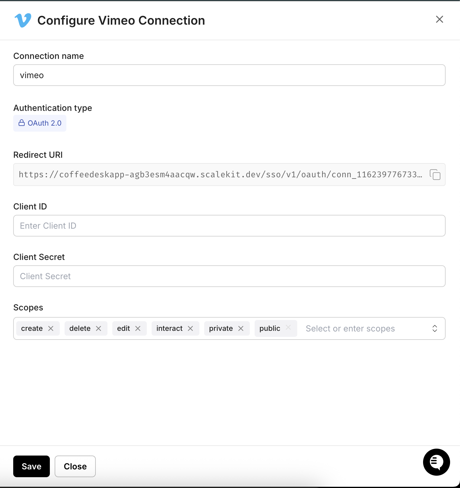 Configure Vimeo Connection panel showing Redirect URI, Client ID, Client Secret, and Scopes fields