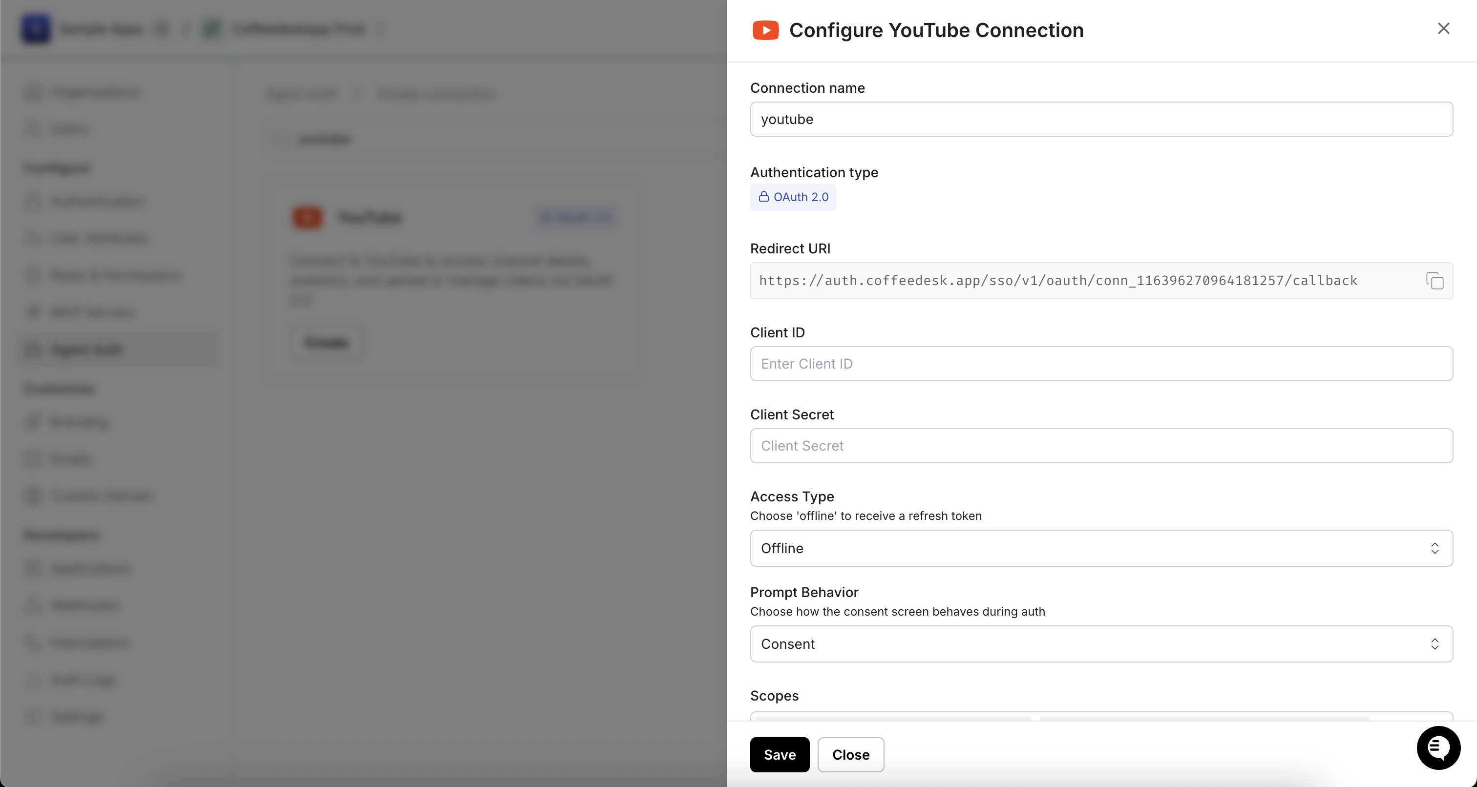Configure YouTube Connection panel showing Redirect URI, Client ID, Client Secret, and Scopes fields