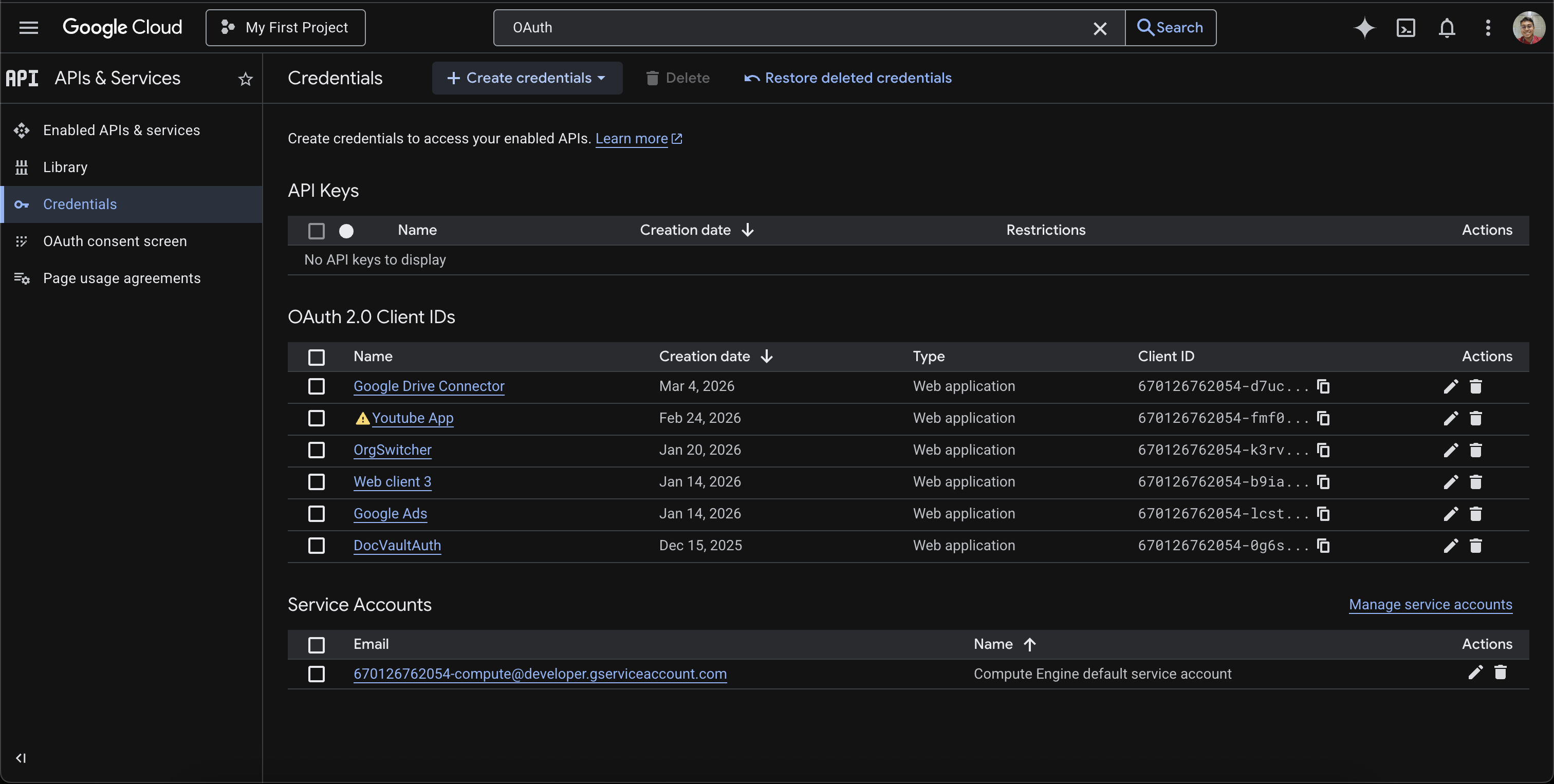 Google Cloud Credentials page showing OAuth 2.0 Client IDs
