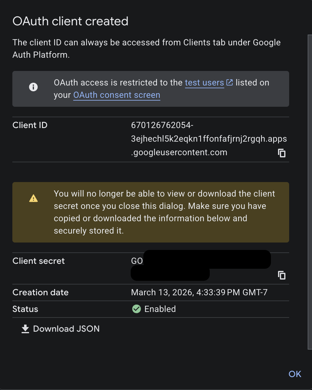 OAuth client created dialog showing Client ID and Client secret